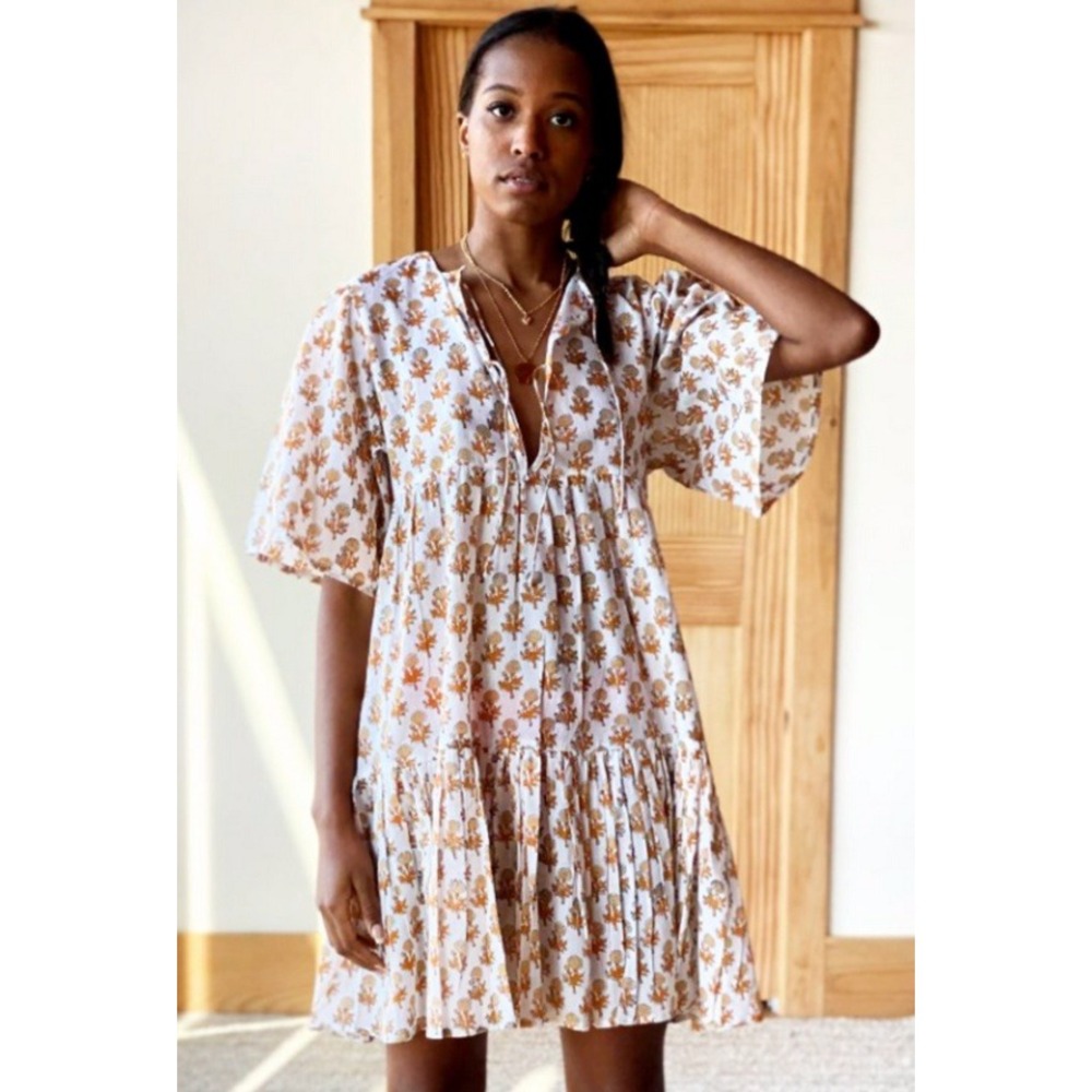 Emerson Fry Isla Mini Dress M/L Little Marigolds Orange White Cotton Tiered Boho